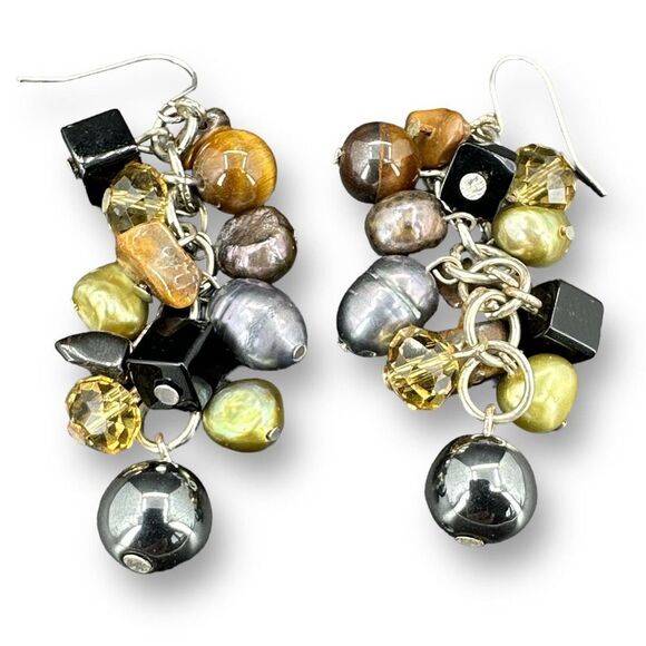Semi Precious Gem Beaded Dangle Earrings Silver Plated - Picture 1 of 7